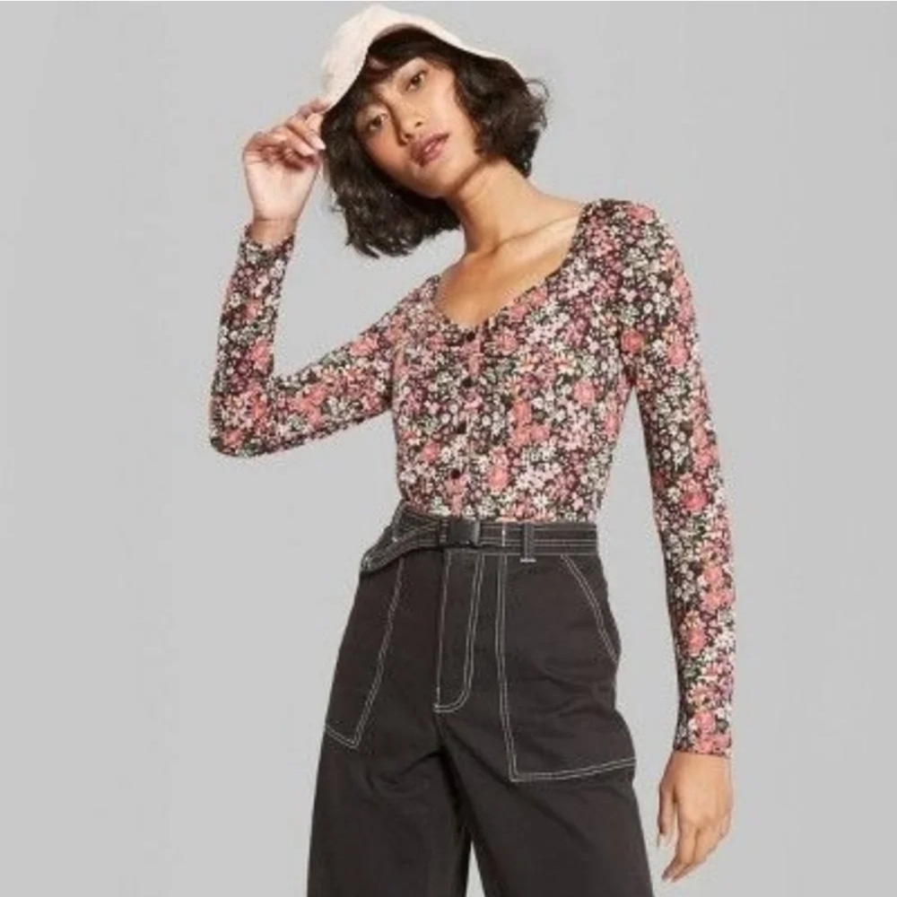 Black Floral Long Sleeve Button Front Top Ruffle Hem